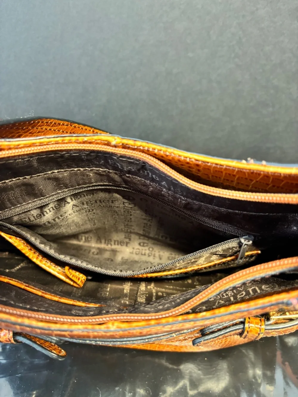 Etienne Aigner Brown Embossed Leather Shoulder Bag Croc Texture Classic Hobo